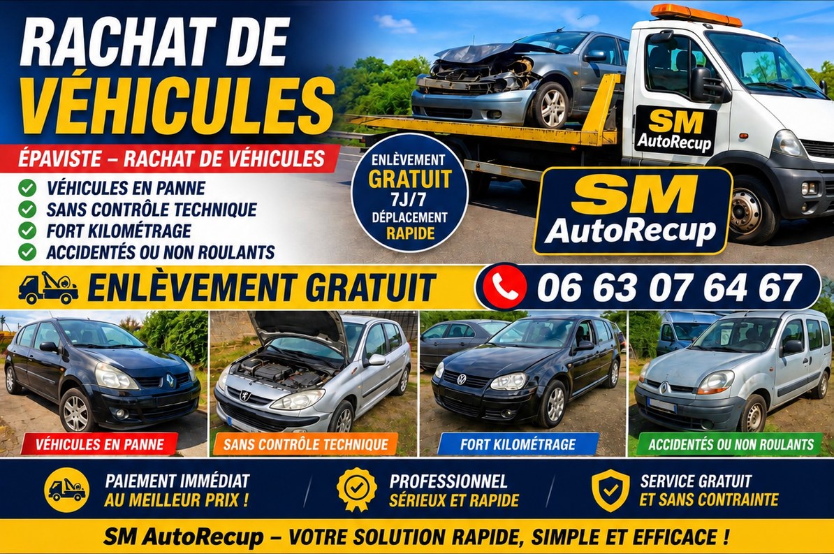 Rachat de v&eacute;hicules et enl&egrave;vement gratuit 7j/7 &mdash; v&eacute;hicules en panne, sans contr&ocirc;le technique, fort kilom&eacute;trage, accident&eacute;s ou non roulants
